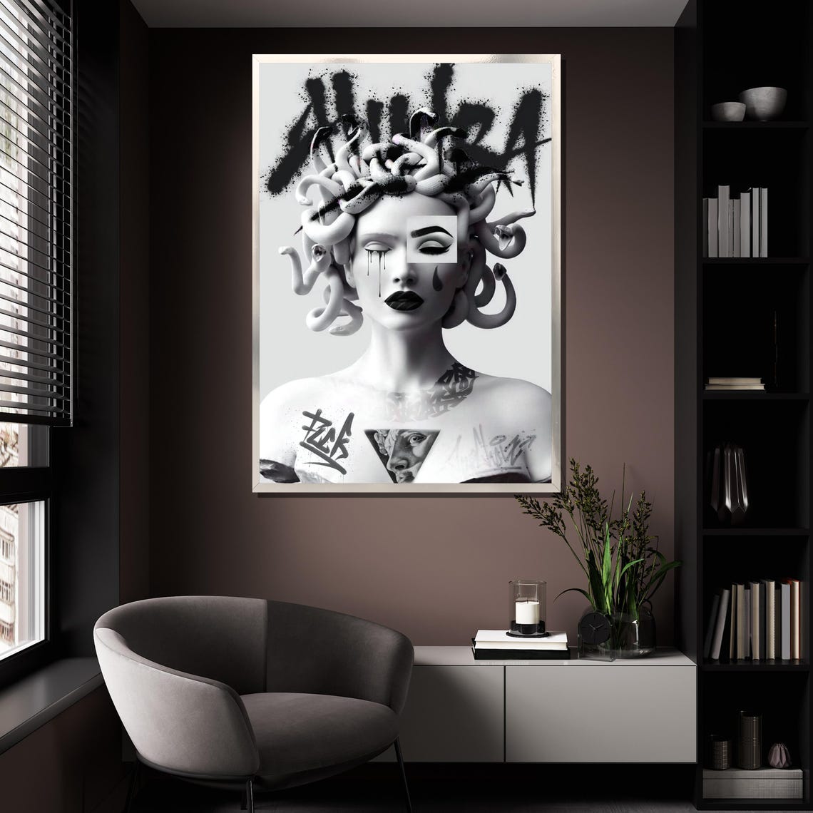 Black And White Medusa Graffiti Portrait Snake Hair Wall Art Poster - Image 4