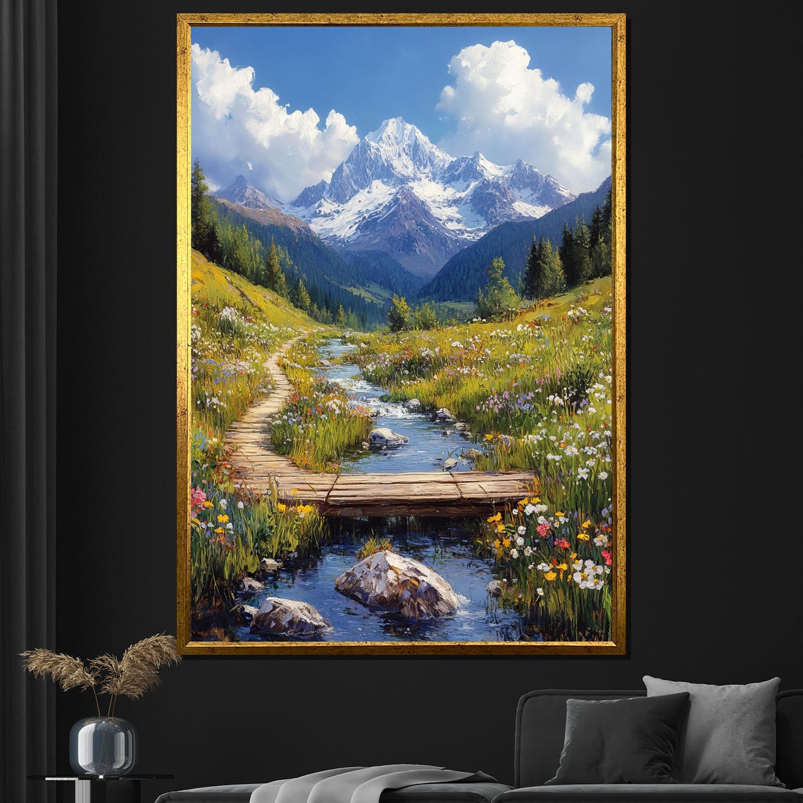 Mountain Stream Painting Scenic Landscape Wall Art For Living Room Nature Inspired Gift Decor