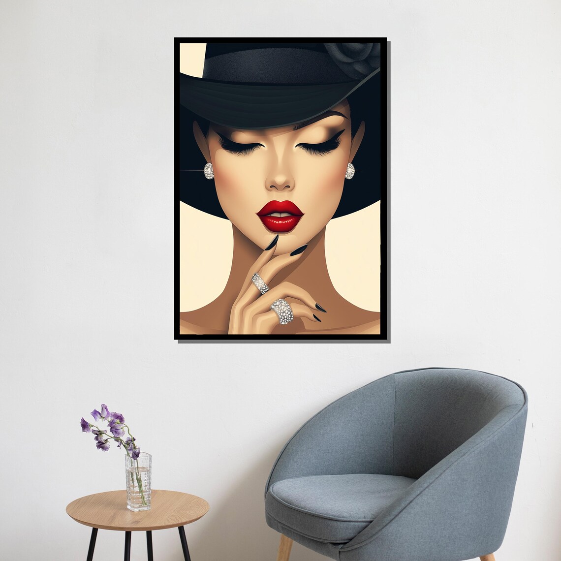 Glamorous Woman Black Hat Red Lips Diamond Jewelry Fashion Wall Poster - Image 5