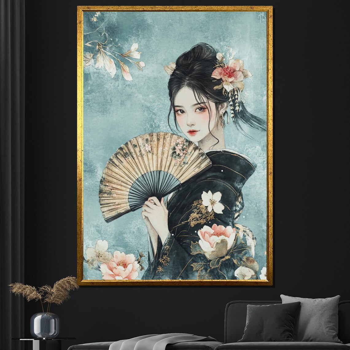 Elegant Geisha With Floral Fan Teal Watercolor Style Art Poster