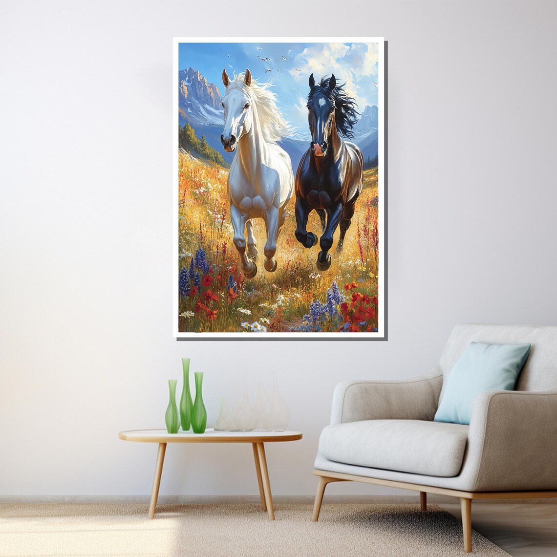 White Black Horses Running Wildflower Mountain Meadow Wall Art - Image 3