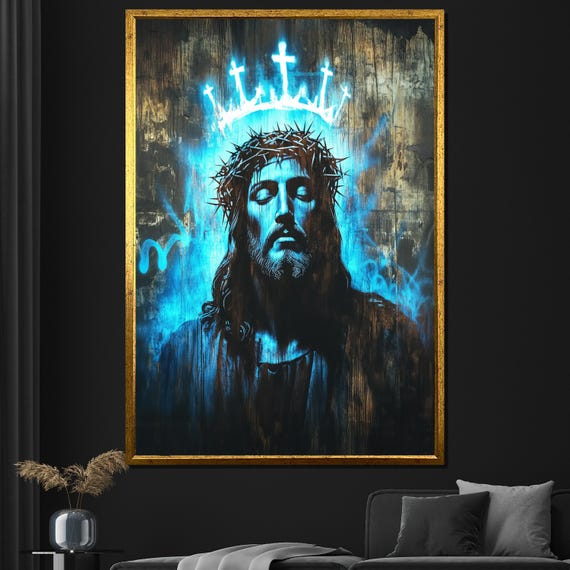 Blue Jesus Crown Of Thorns Painting Modern Religious Wall Art Bold Spiritual Artwork Unique Home Gift