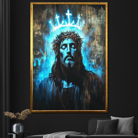 Jesus Crown Of Thorns Blue Neon Spiritual Portrait Wall Art Poster