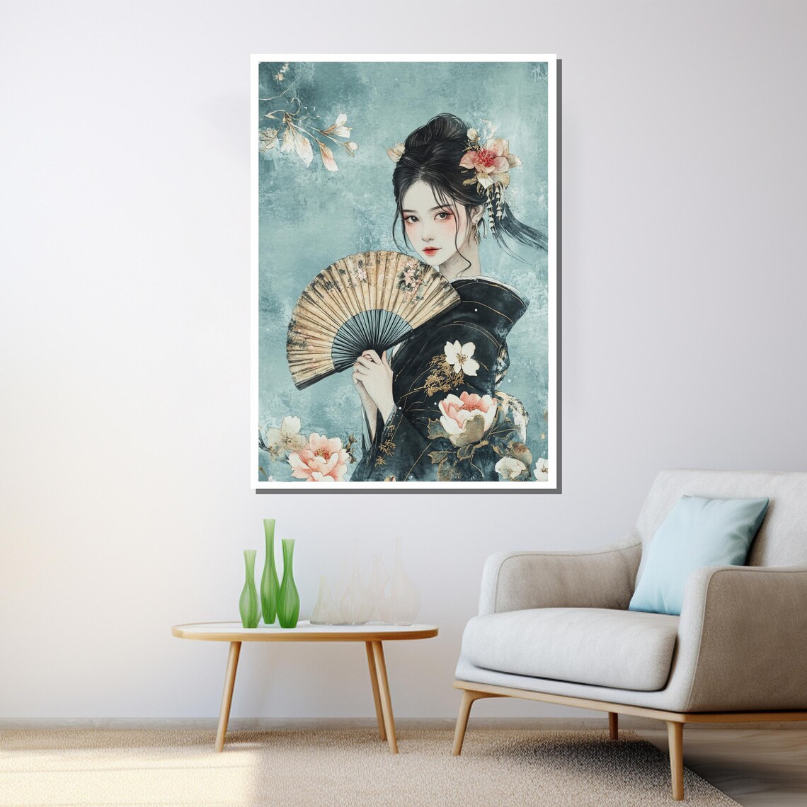 Elegant Geisha With Floral Fan Teal Watercolor Style Art Poster - Image 3