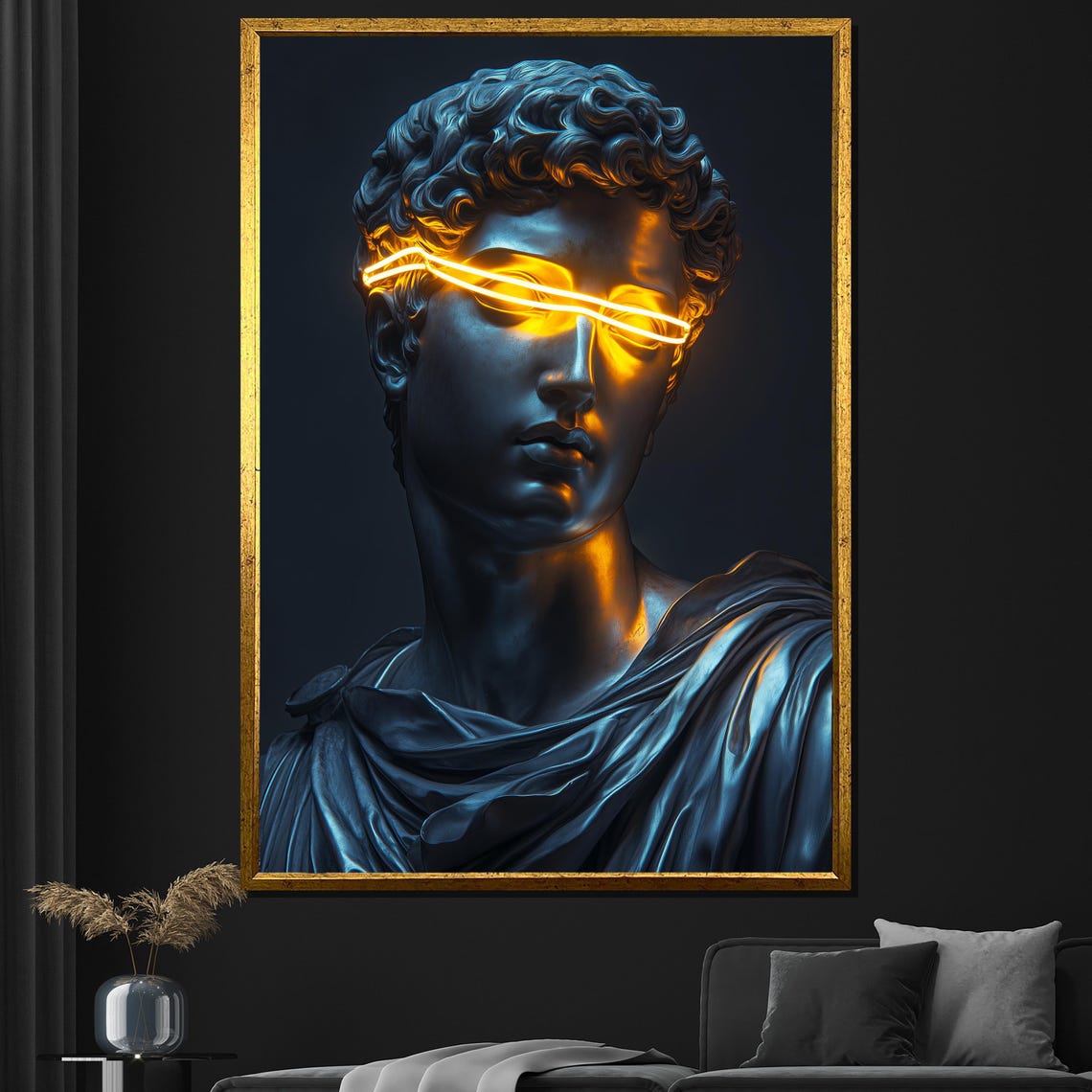 Neon Light David Statue Head Pop Art Classical Sculpture Modern Poster