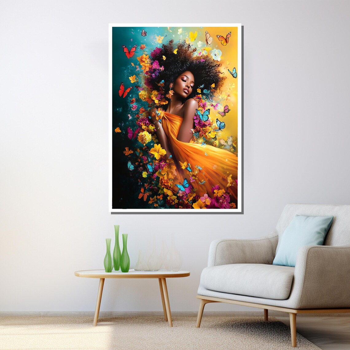African Woman Butterfly Floral Portrait Vibrant Orange Dress Wall Art - Image 3