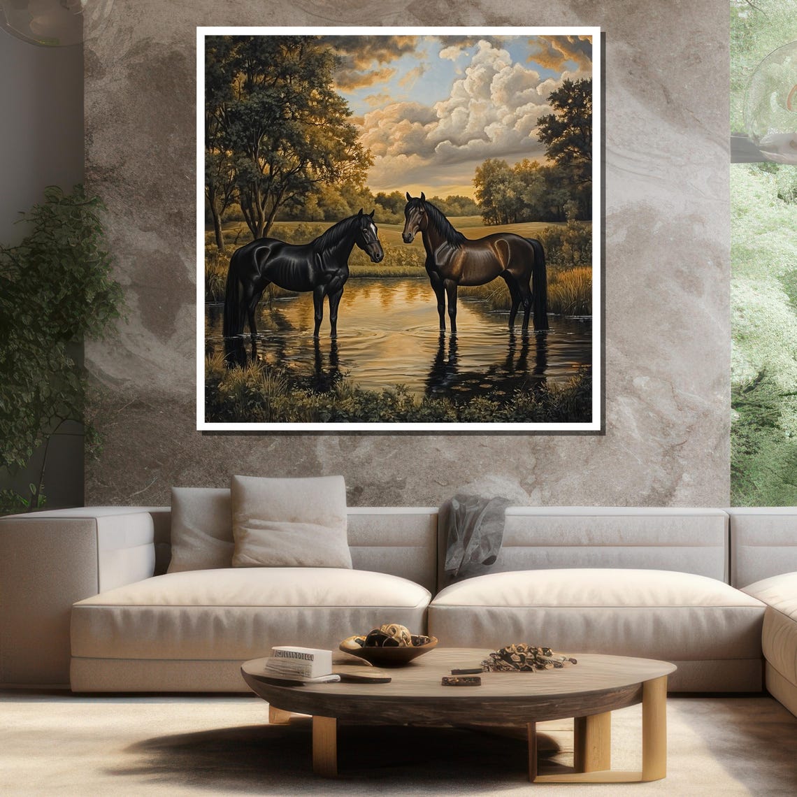 Two Horses Standing Stream Sunset Classical Equine Art Poster - Image 3
