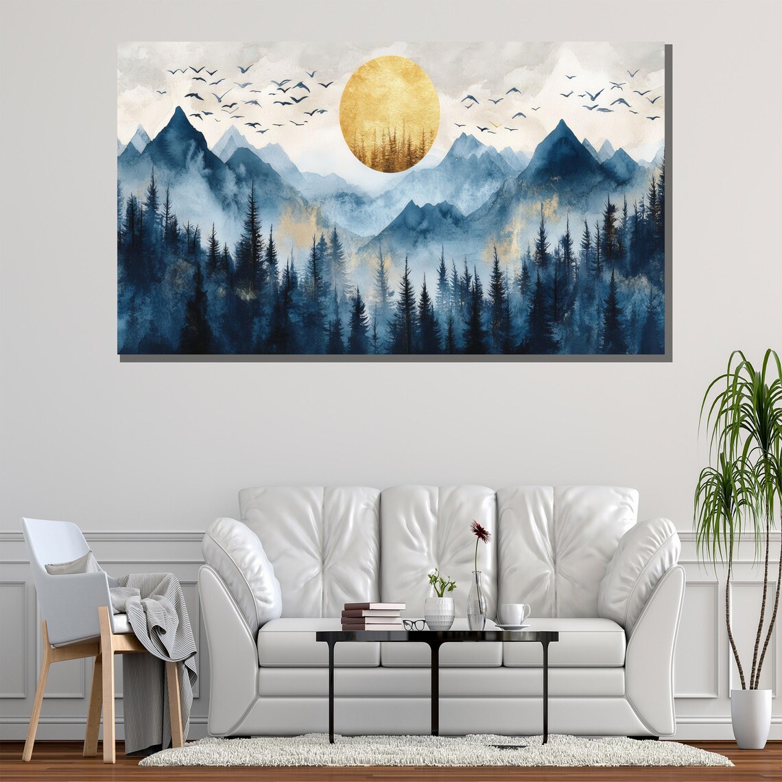 Golden Sun Blue Mountain Forest Watercolor Birds Landscape Poster - Image 2