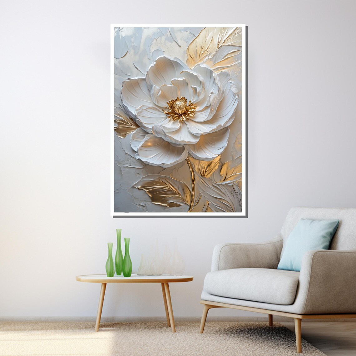Elegant White 3D Textured Flower Gold Center Luxury Wall Art Poster - Image 3
