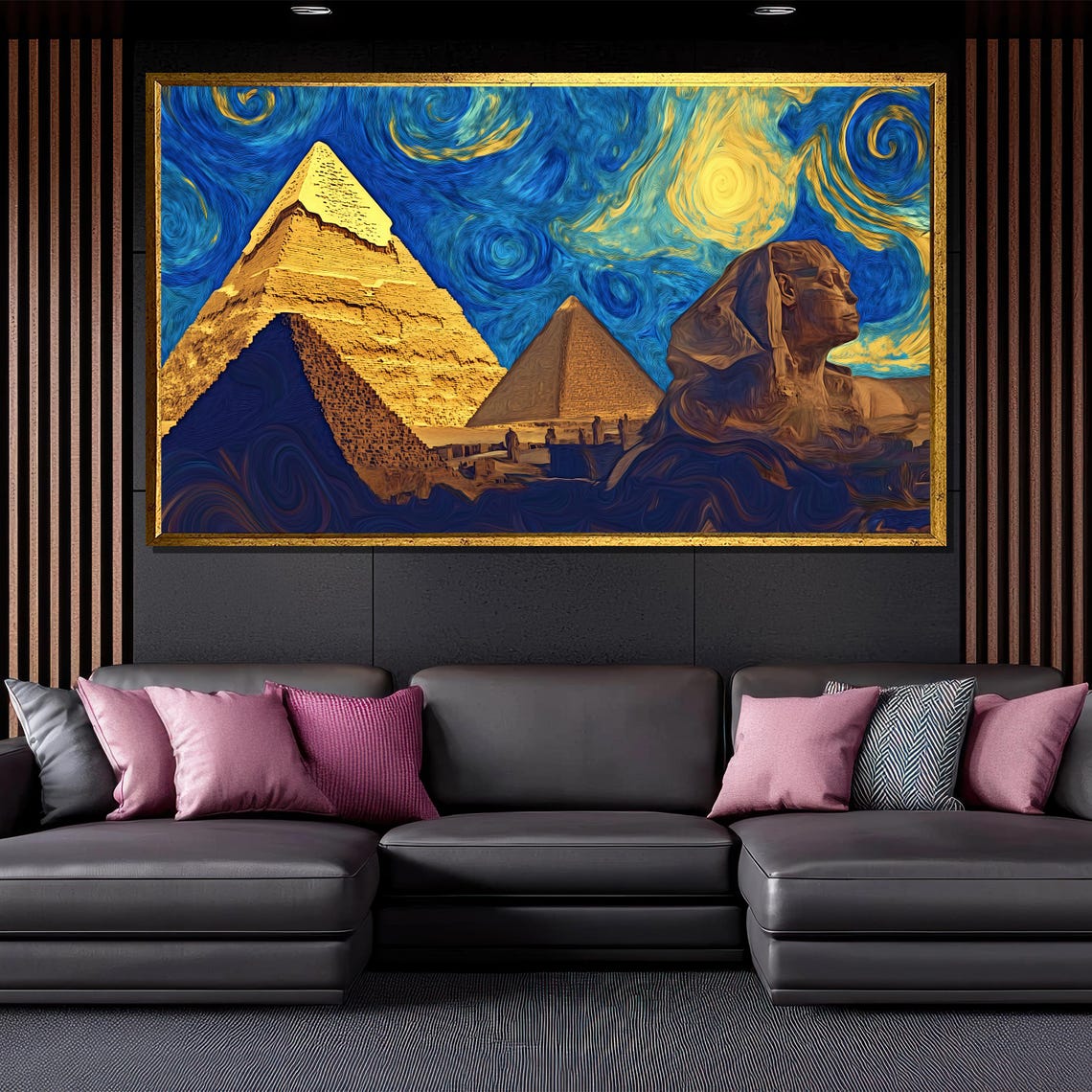 Starry Night Over Pyramids Painting Ancient Egyptian Wall Art For Home Decor And History Lovers Gift