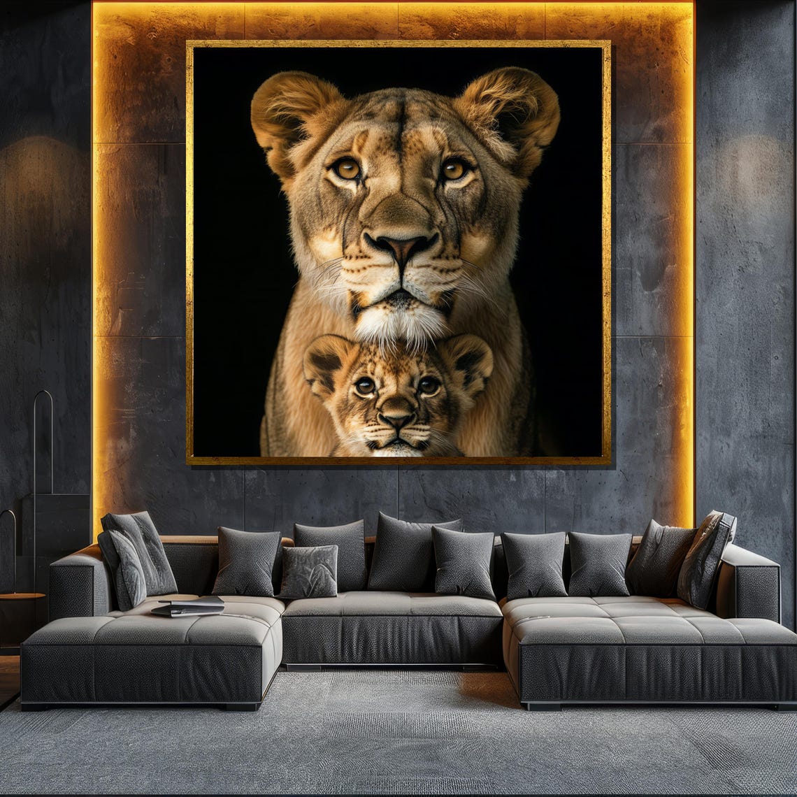 Lioness And Cub Front Pose Black Background Wildlife Art Poster