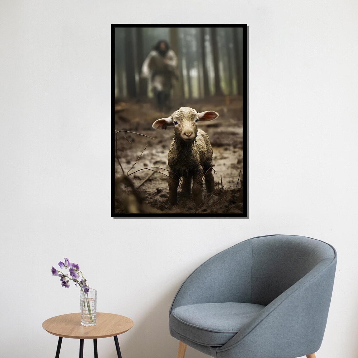 Jesus Rescuing The Lost Lamb In A Misty Forest Religious Art Poster - Image 5