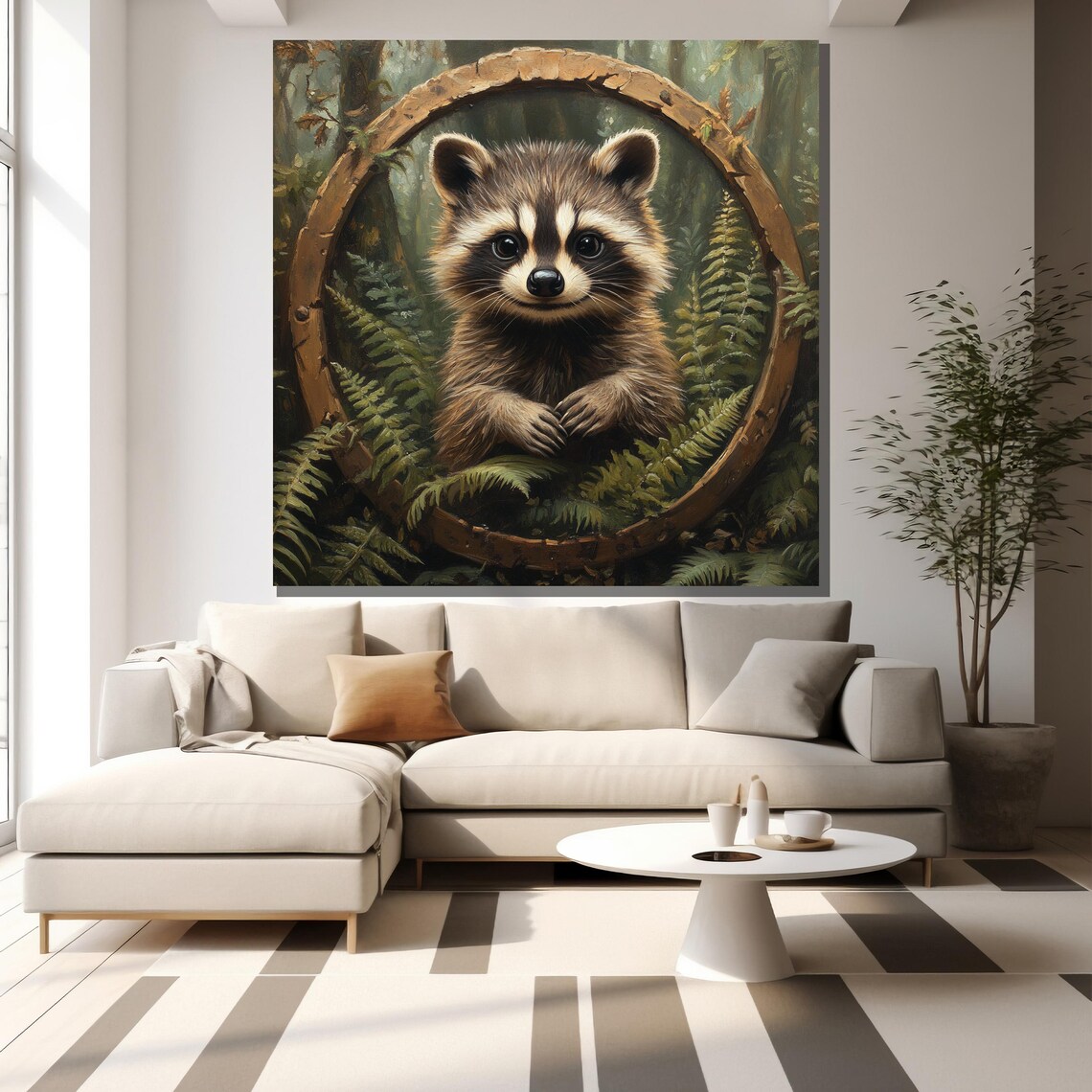 Cute Baby Raccoon Round Wooden Window Painting Whimsical Forest Wildlife Art Poster - Image 2