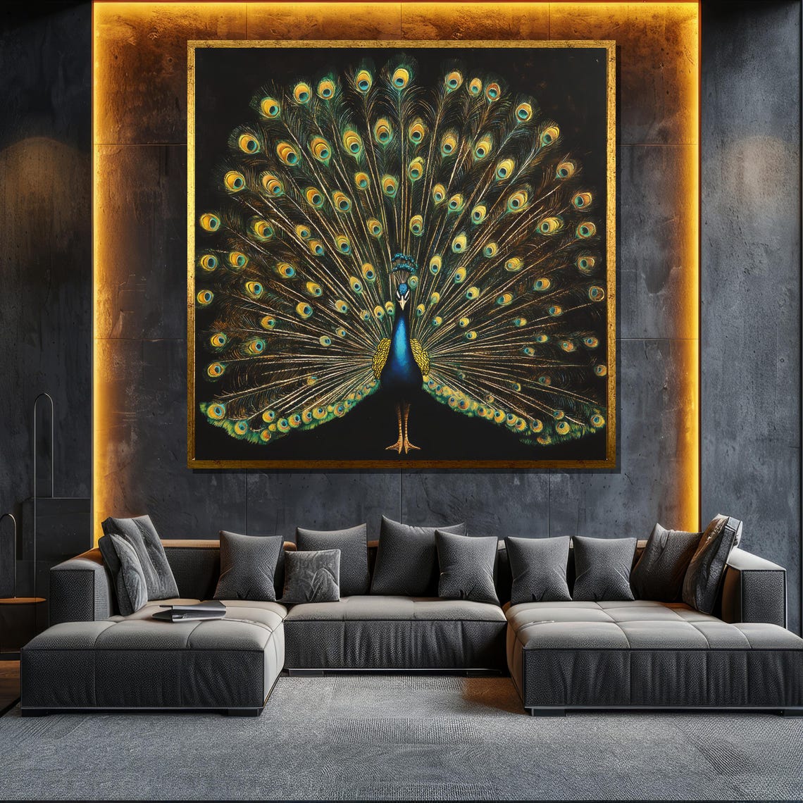 Peacock Fanned Tail Black Background Elegant Bird Art Poster