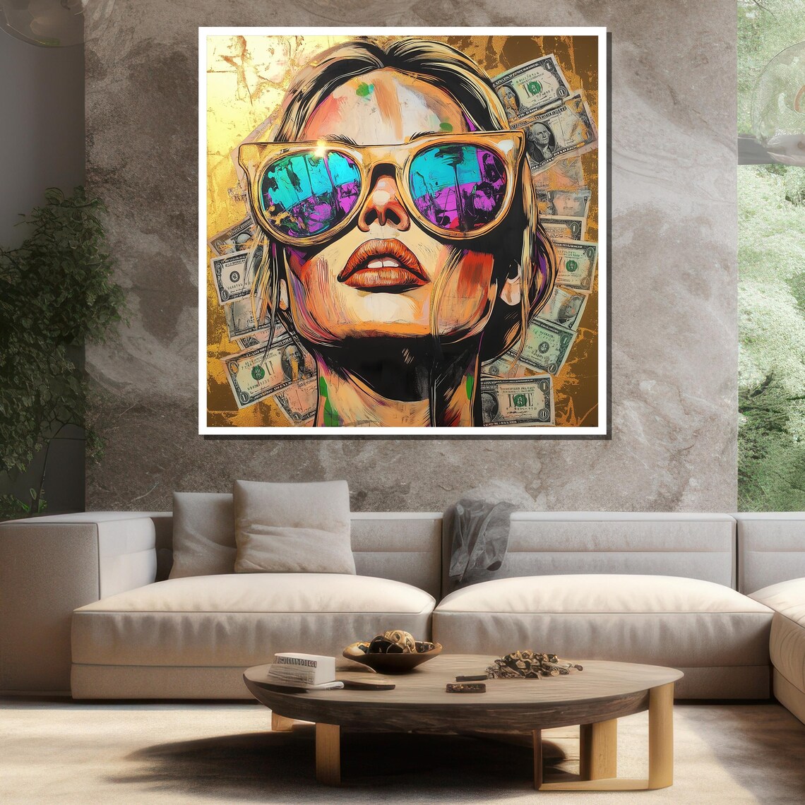 Woman Sunglasses Pop Art Dollar Bills Bold Neon Urban Modern Wall Poster - Image 3