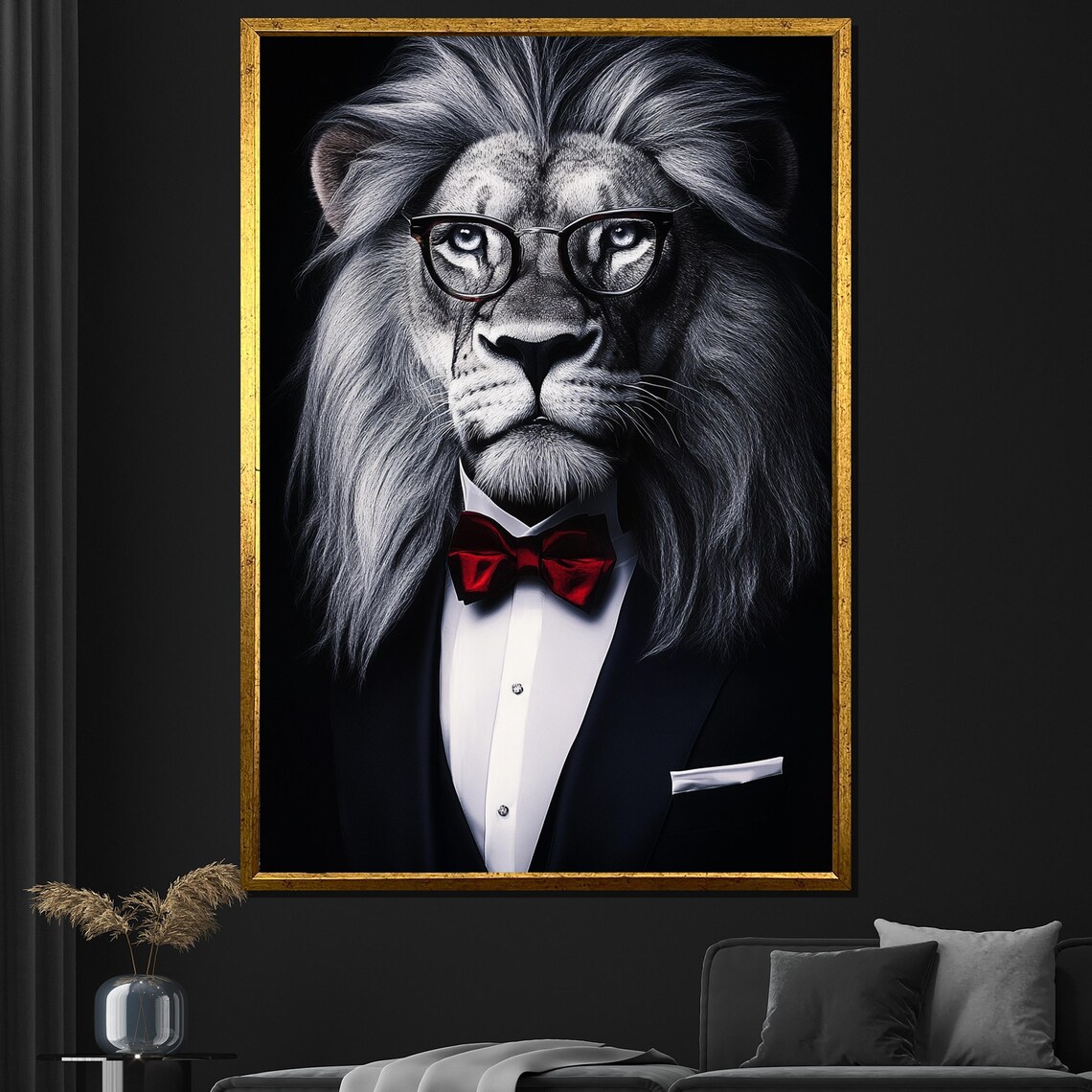 Lion Tuxedo Red Bow Tie Glasses Painting Dapper Gentleman Wildlife Wall Art Poster