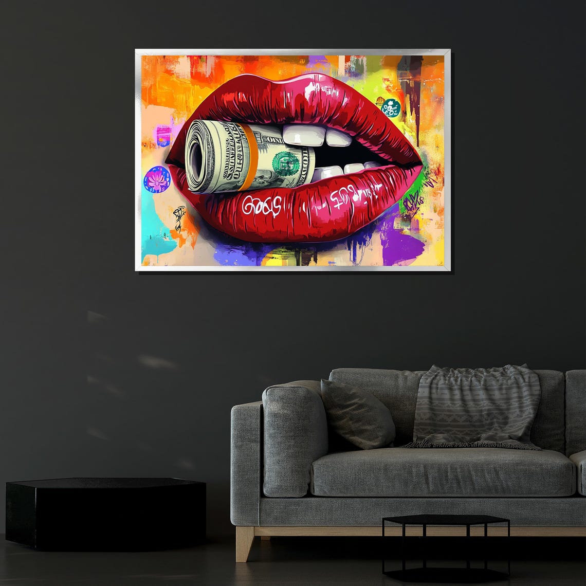 Bold Lips With Money Painting Modern Graffiti Wall Art Unique Pop Art Gift For Home Decor - Image 4