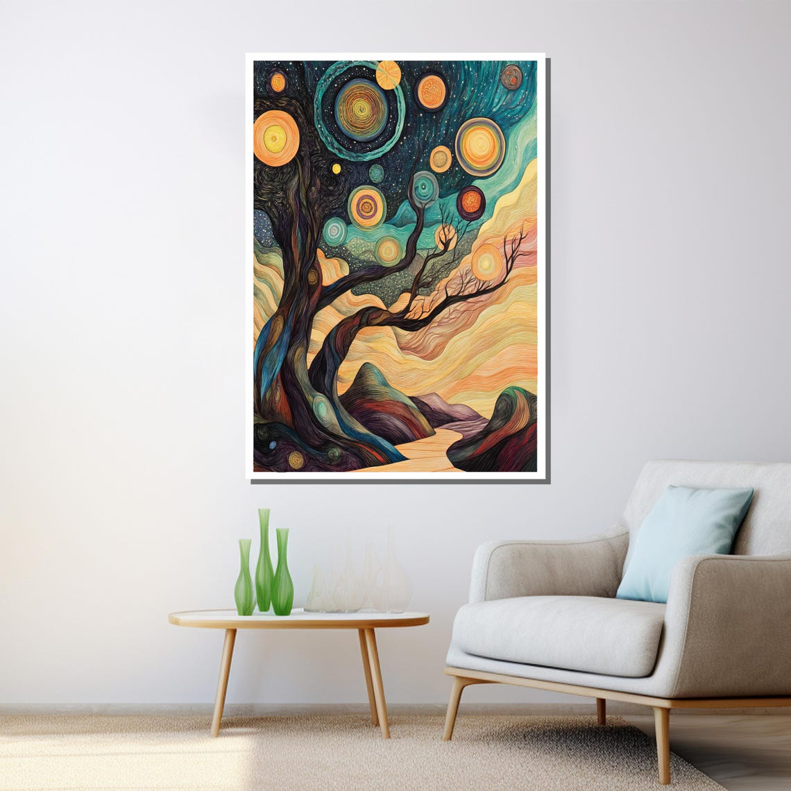 Starry Night Twisted Tree With Swirling Glowing Orbs Art Poster - Image 3