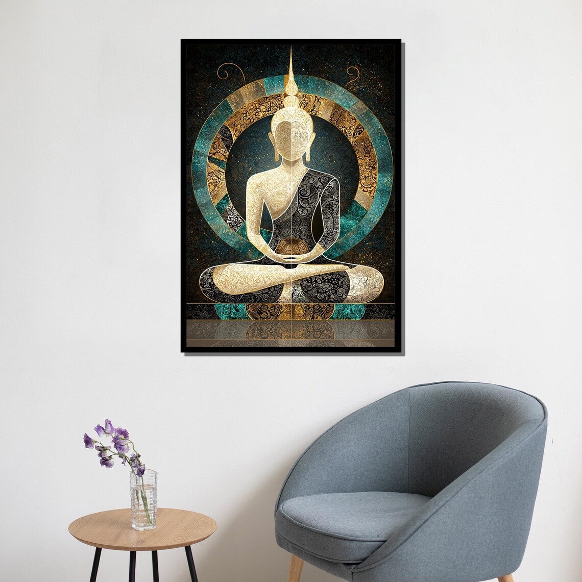 Meditating Buddha Gold Teal Mandala Spiritual Painting Wall Art Poster - Image 5