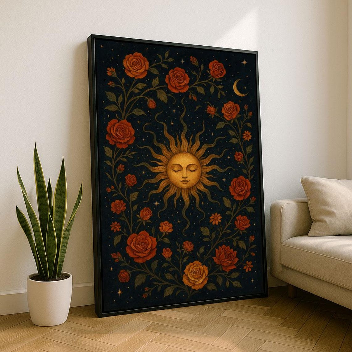 Celestial Sun Face with Red Roses and Moon Mystic Art Poster