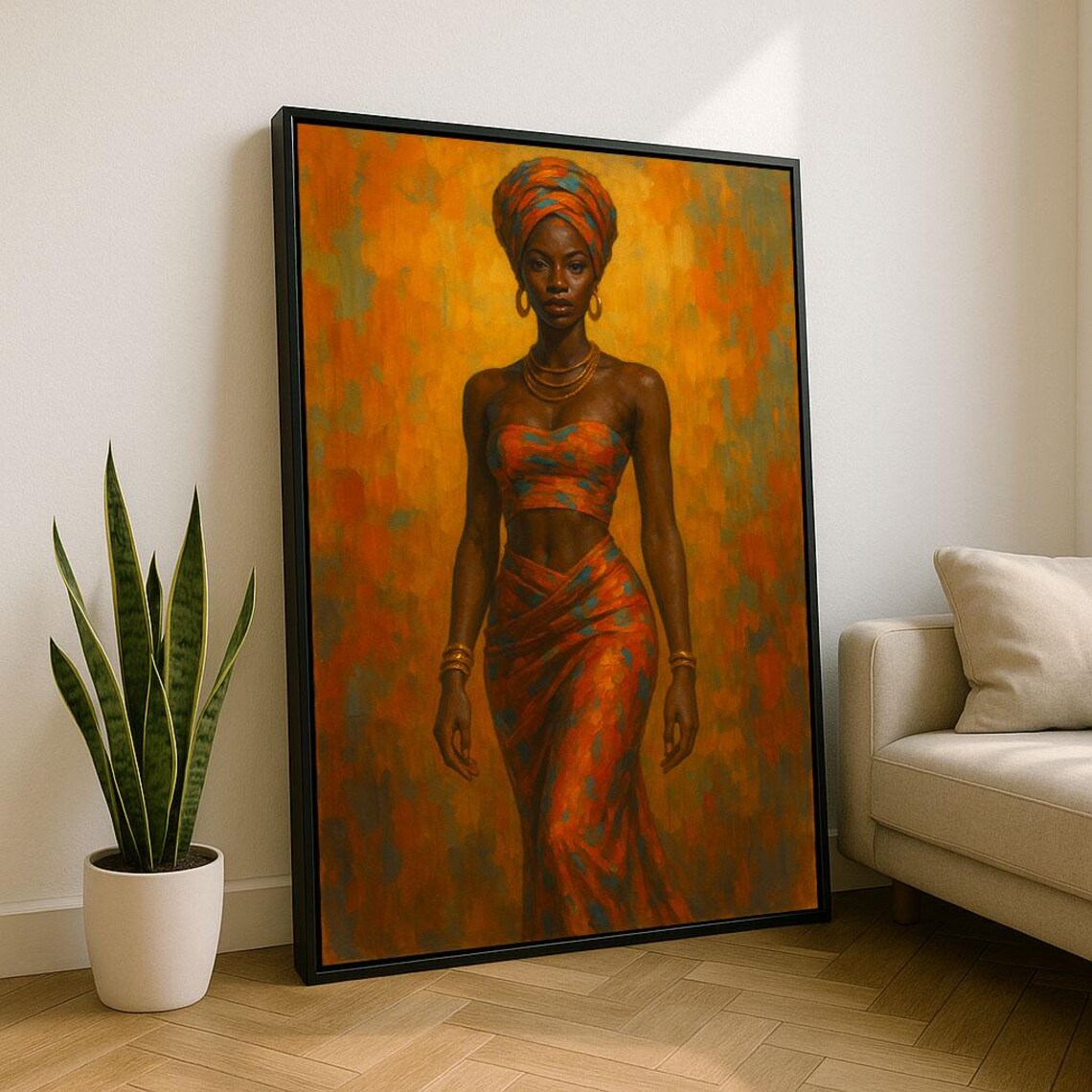 African Woman in Orange Headwrap Warm Textured Portrait Poster
