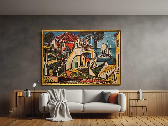 Cubist Mediterranean Seaside Village Sailboat Bold Color Poster