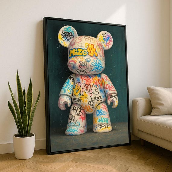 Playful Graffiti Bear Canvas Wall Art Print Urban Living Room Decor Statement Piece