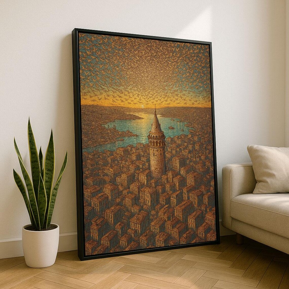 Golden Sunset Harbor Cityscape With Historic Tower View Poster
