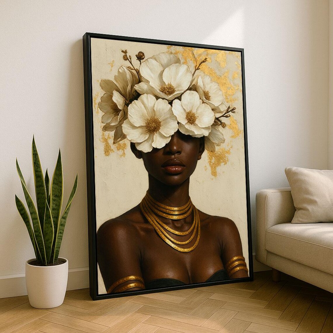 African Queen White Blossoms Gold Necklaces Regal Portrait Poster