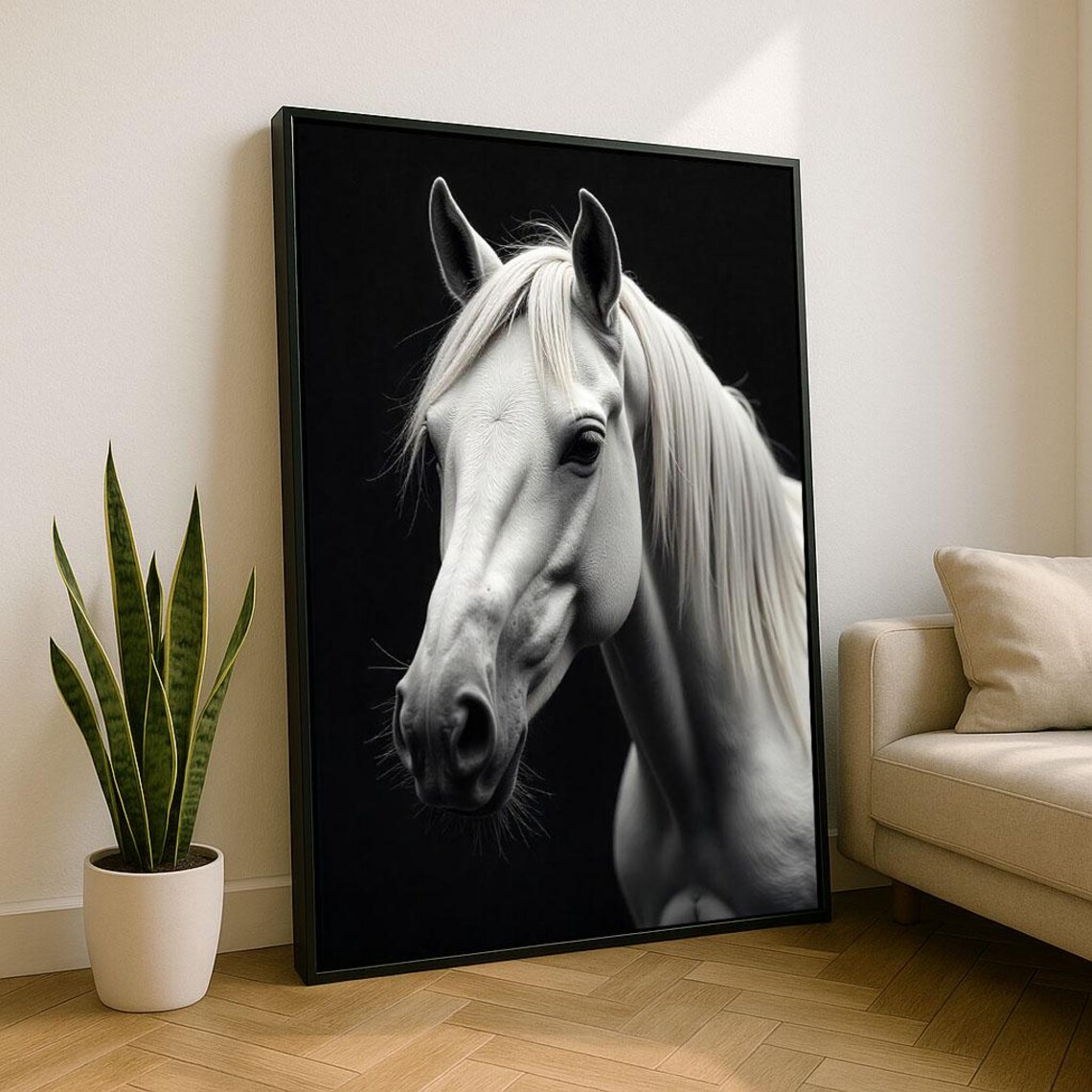 Striking White Horse Portrait on Black Dramatic Equine Poster