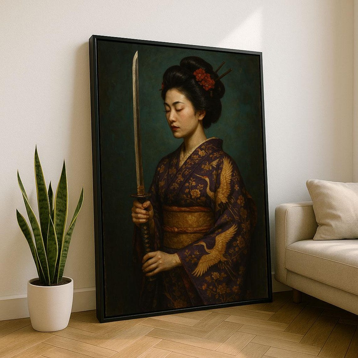 Elegant Kimono Woman Holding Katana Crane Pattern Portrait Poster