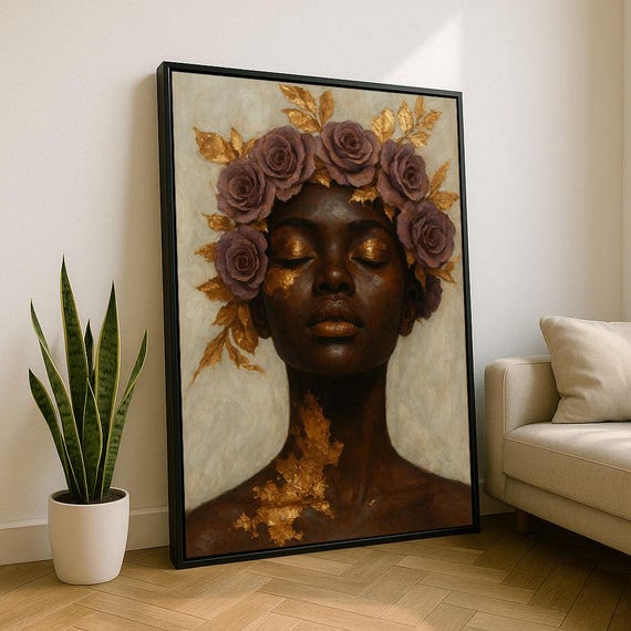 Elegant African Woman With Floral Crown Canvas Wall Art Print Boho Living Room Decor Statement Piece