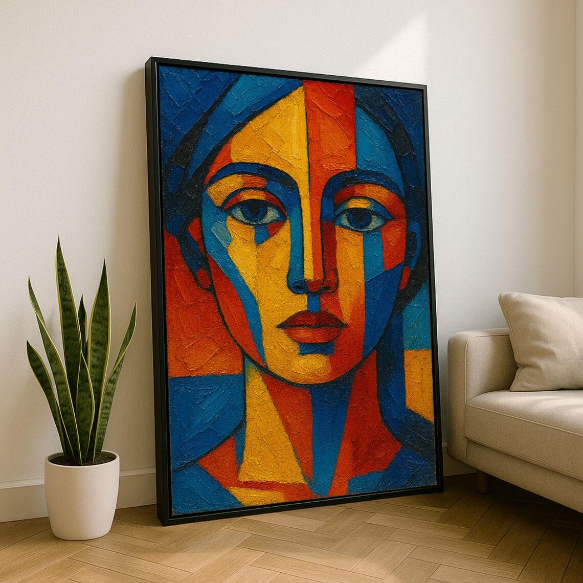 Colorful Cubist Abstract Face Portrait Blue Red Yellow Poster