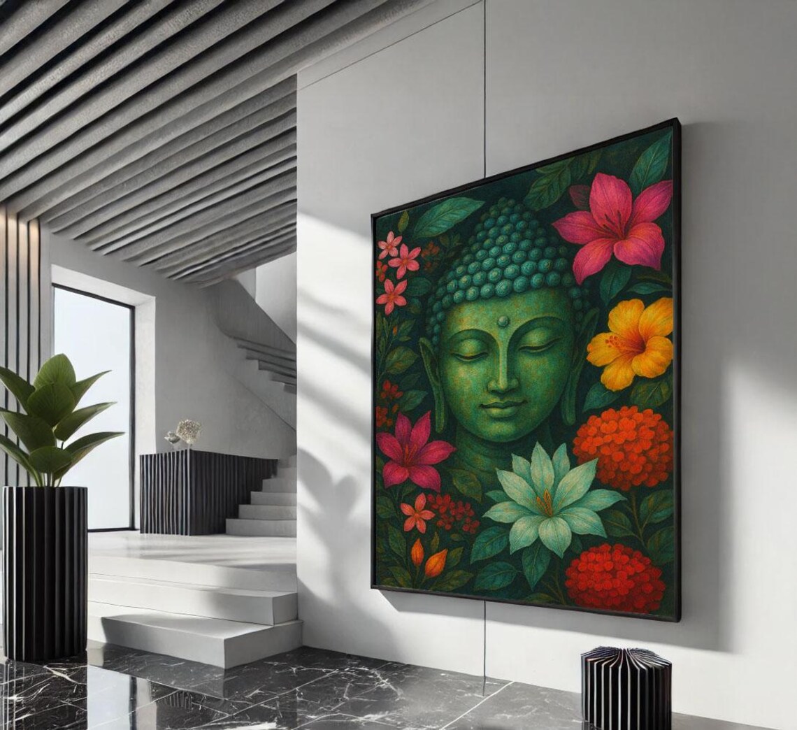 Green Buddha Portrait Surrounded By Tropical Floral Blooms Poster
