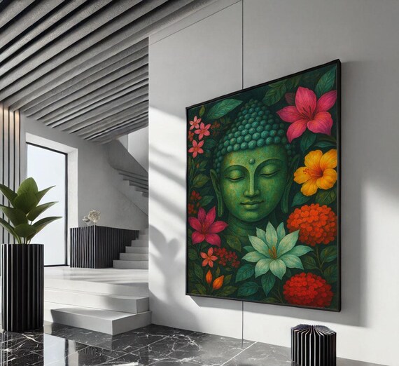 Green Buddha Portrait Surrounded By Tropical Floral Blooms Poster