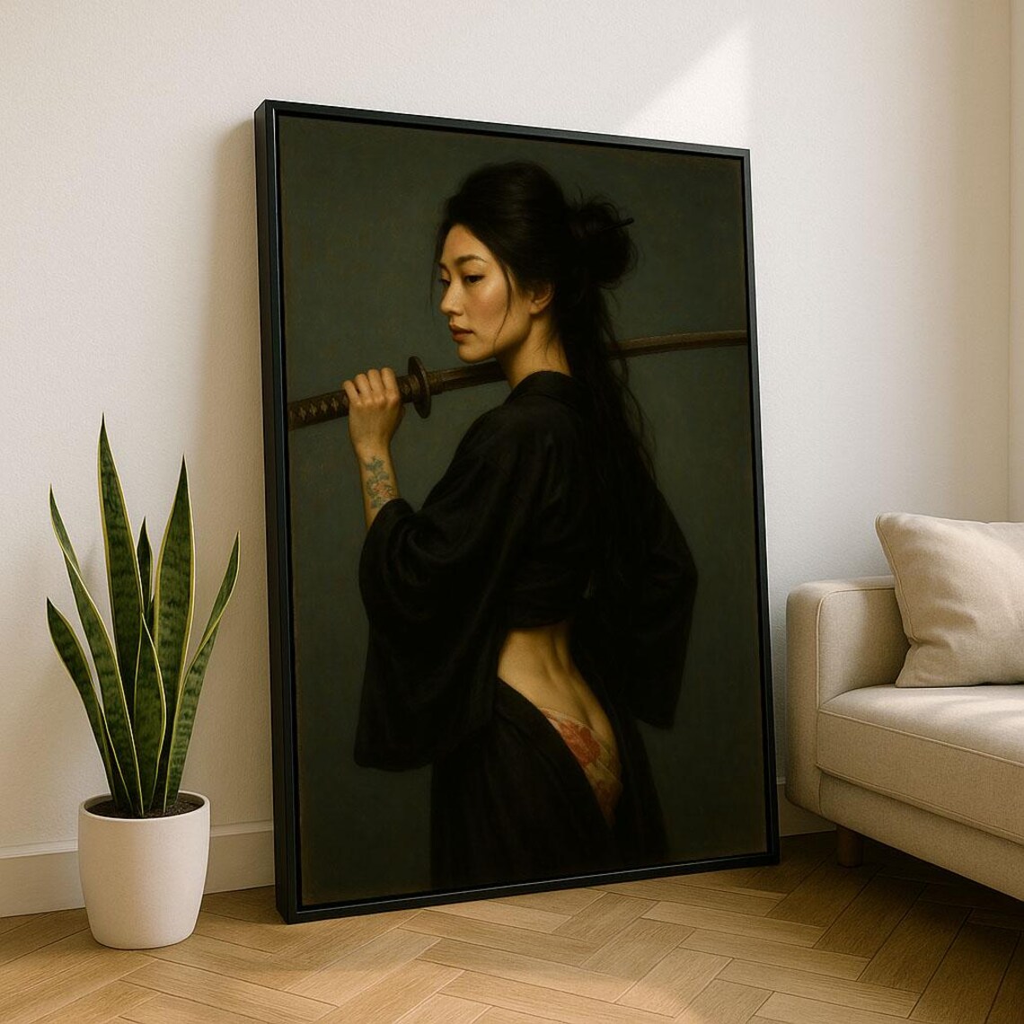 Japanese Woman In Black Kimono With Katana Over Shoulder Poster