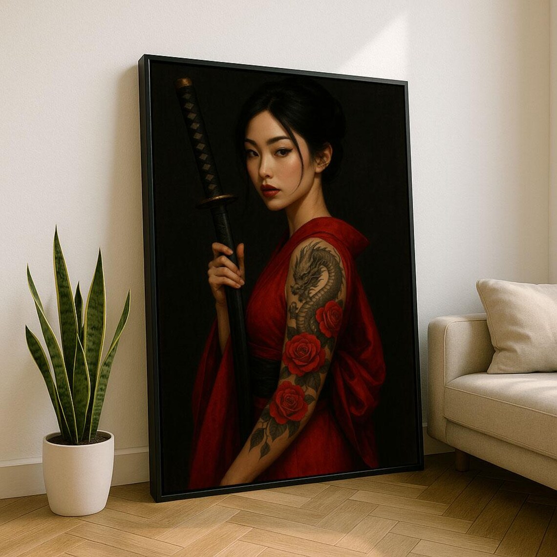 Sophisticated Samurai Woman Canvas Wall Art Print Red Living Room Decor Statement Piece