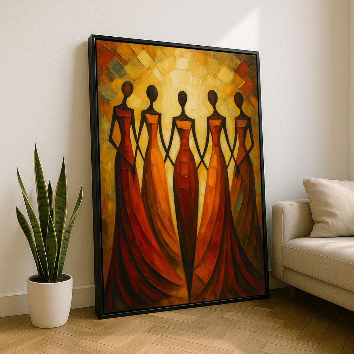 Five Women Holding Hands Red Gowns Sisterhood Abstract Poster