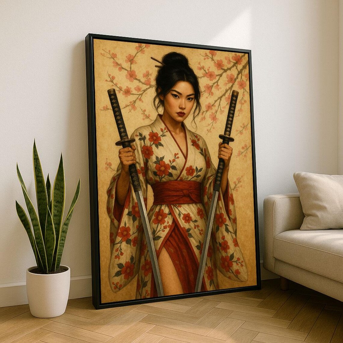 Elegant Samurai Woman In Kimono Canvas Wall Art Print Vintage Bedroom Decor Statement Piece