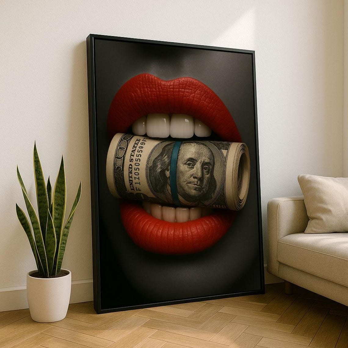 Red Lips Holding Hundred Dollar Bill Roll Bold Money Pop Poster