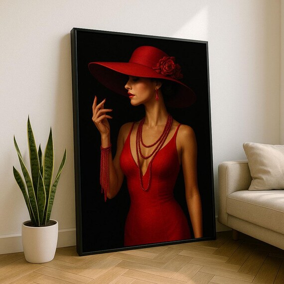 Woman in Red Dress and Wide Brim Hat with Rose Elegant Fashion Poster