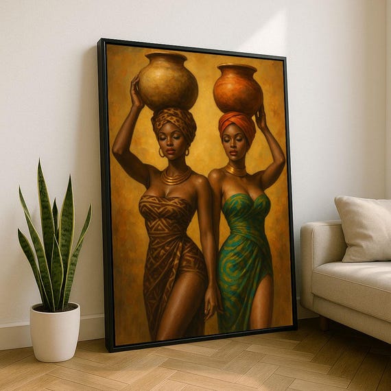 Elegant African Women With Pots Canvas Wall Art Print Bold Living Room Decor Statement Piece
