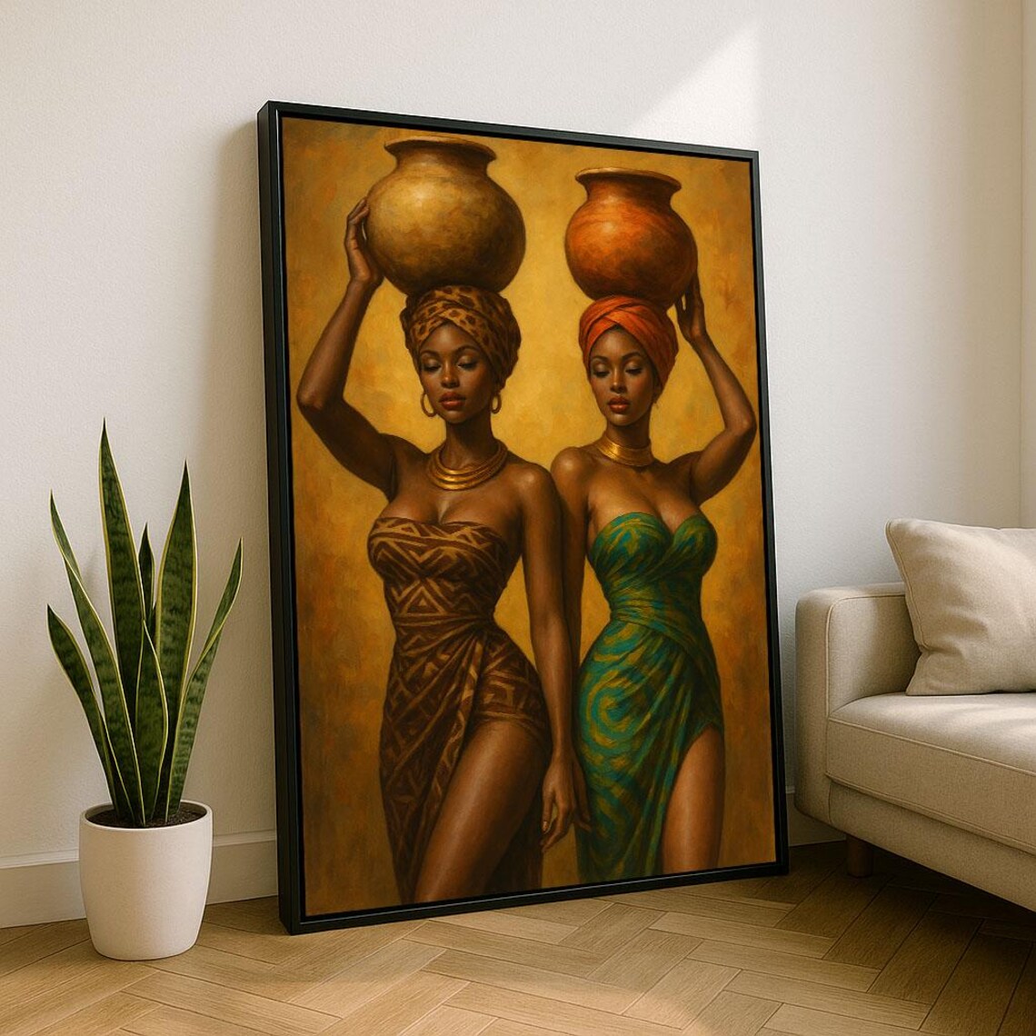 African Women Balancing Clay Pots Golden Ethnic Beauty Poster