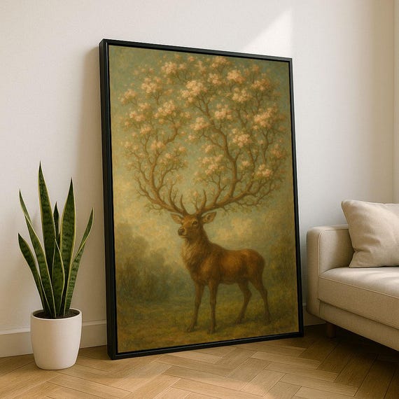 Majestic Deer With Blossom Antlers Canvas Wall Art Print Natureinspired Living Room Decor Statement Piece