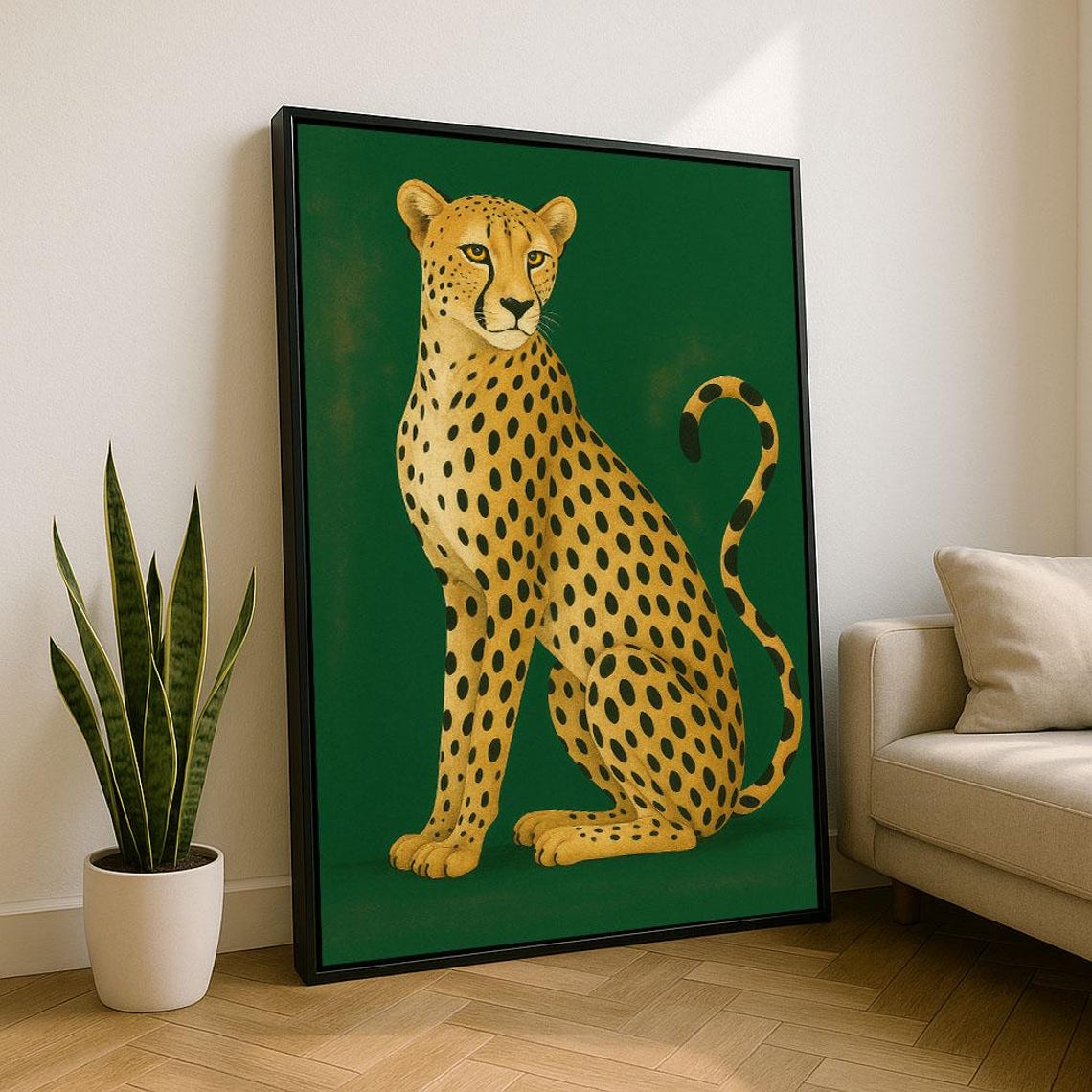 Elegant Cheetah Portrait Canvas Wall Art Print Green Living Room Decor Statement Piece