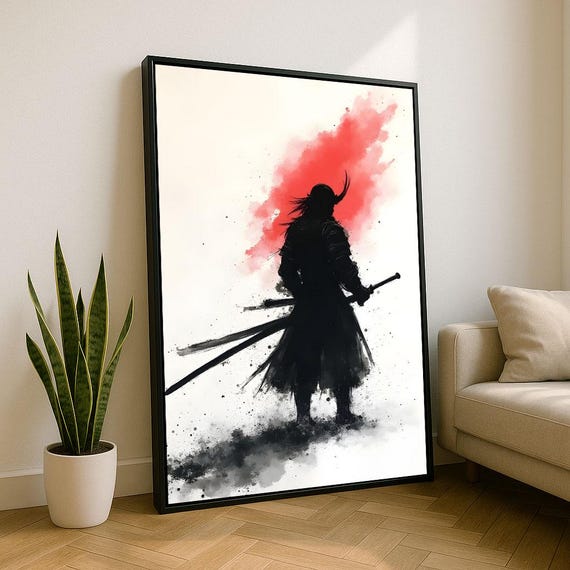 Elegant Samurai Warrior Canvas Wall Art Print Bold Red Living Room Decor Statement Piece
