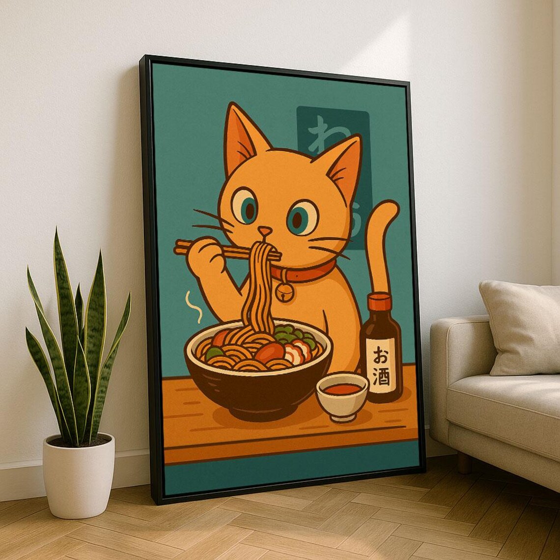 Cute Orange Cat Eating Ramen Retro Japanese Kitchen Art Poster