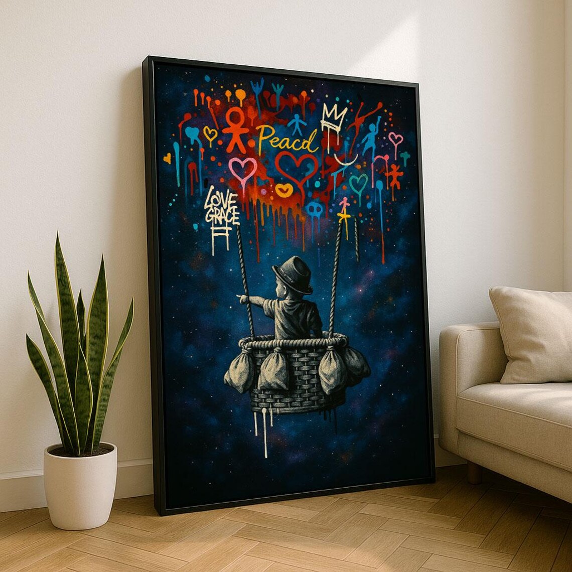 Child In Balloon Basket With Love Grace Graffiti Starry Night Poster