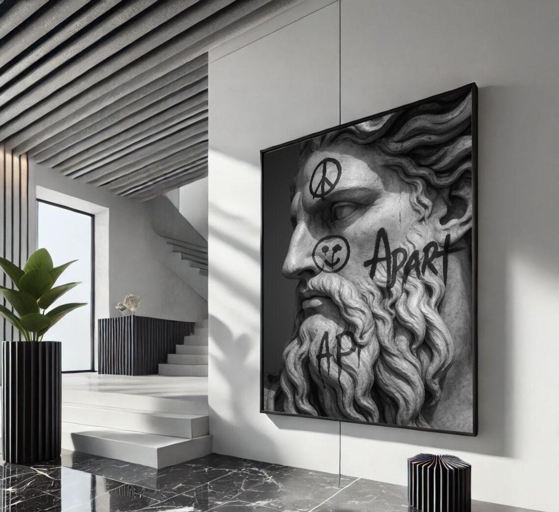 Urban Graffiti Zeus Statue Face Monochrome Street Tag Art Poster