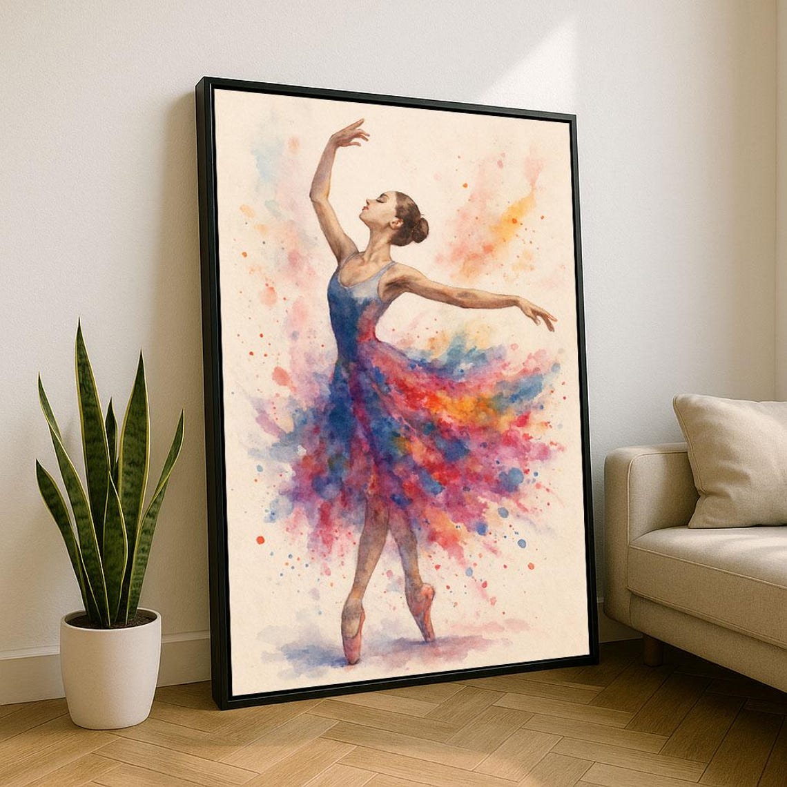 Elegant Ballerina Watercolor Dancing Rainbow Splash Art Poster